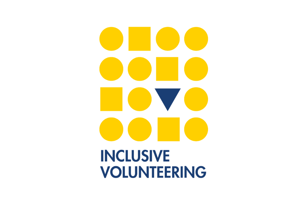 yellow shapes with blue letters saying inclusive volunteering